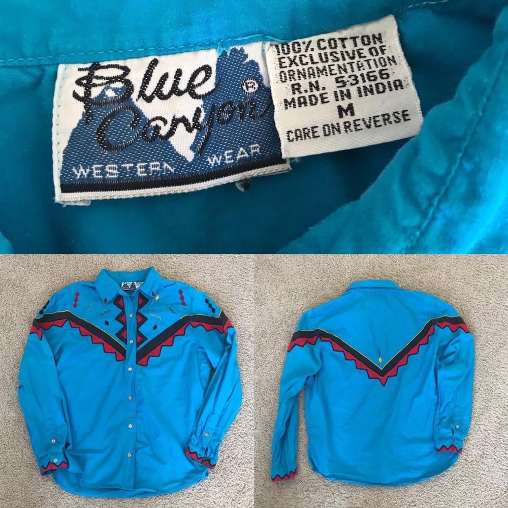 Vibrant Vintage Western Button-Up Neon Blue With Hot Pink and Yellow Details - Picture 3 of 4